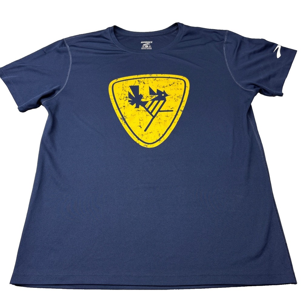 Brooks Running T Shirt Women's Size LG Navy Blue Yellow Graphic Short Sleeve